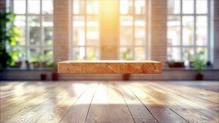 A floating marble platform is positioned in a sunlit room with large windows, casting shadows on the wooden floor.