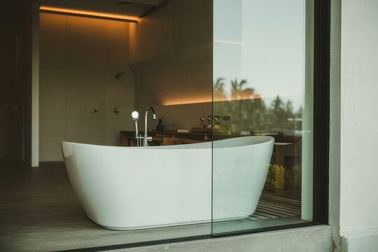 White freestanding bathtub with chrome faucet in contemporary bathroom - Powered by Adobe