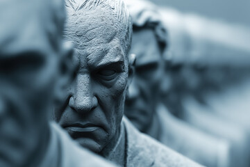 Solemn statues of mature men in monochrome close-up