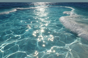 Sunlit ocean waves glimmering under clear blue sky