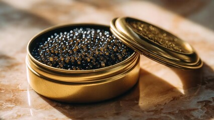 Round gold tin open, packed with shiny black caviar pearls on a marble surface. Concept Luxurious caviar scene, Black caviar pearls, Round gold tin, Marble surface, Gourmet photography