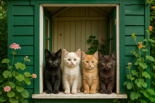Four adorable kittens sitting on a window ledge surrounded by flowers