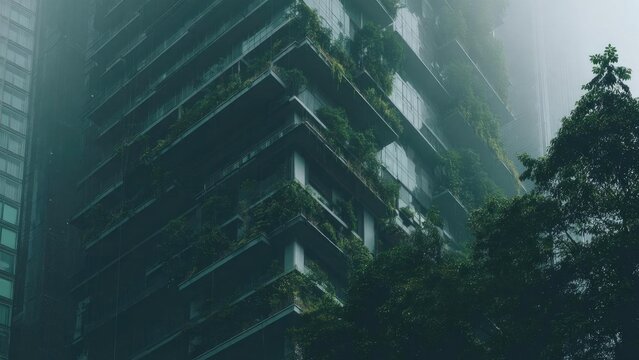 Tall modern building with multiple balconies turned into a green vertical garden. Concept Vertical garden facade, Modern high-rise greenery, Balcony plant installations, Eco-friendly architecture
