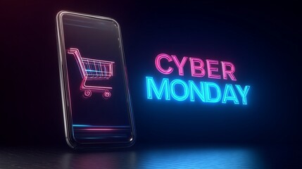 Smartphone with neon shopping cart and glowing 'cyber monday' text, representing online deal and ecommerce promotion.