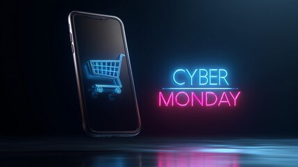 Smartphone with glowing shopping cart icon beside neon "cyber monday" sign representing online sale and digital shopping event.