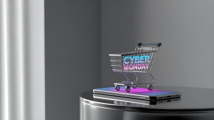 Laptop with neon shopping cart and 'cyber monday' sign on screen, representing online sale and digital deal urgency.