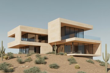 Contemporary desert villa with large windows and cacti