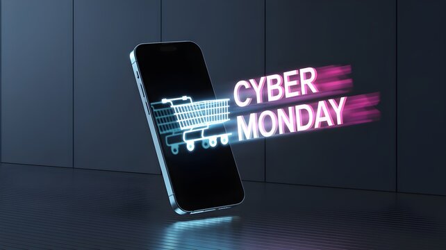Smartphone with holographic shopping cart and "cyber monday" text, symbolizing online deal and e-commerce sale promotion.