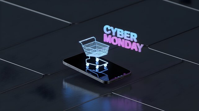 3d neon shopping cart on a dark grid with 'cyber monday' sign, symbolizing online sale, e-commerce promotion, digital shopping event. - Powered by Adobe