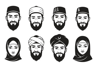 Set of diverse muslim man and woman head portrait icon