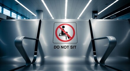 Prohibition Sign On Modern Stainless Steel Seating Design Within Architectural Interior