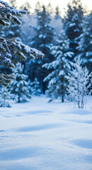 Fototapeta premium Seasonal Decor Aesthetics for Holiday Themes: Snowy Winter Landscape with Copy Space and Blurry Forest Background