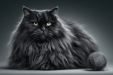 Fluffy black cat with yellow eyes and yarn ball in moody lighting