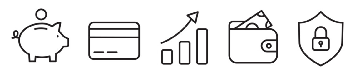 Fototapeta premium Minimalist linear finance icon set with piggy bank, credit card, growth chart, wallet with cash and shield with padlock, simple black outline symbols for banking, savings and secure money