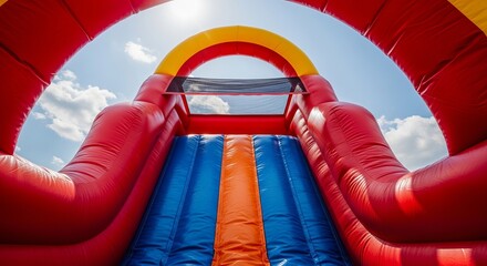 Joyful children's inflatable bounce house invites summertime fun under the vibrant blue sky above now