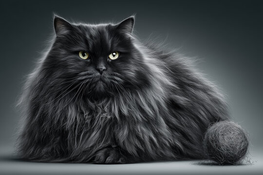 Fluffy black cat with yellow eyes and yarn ball in moody lighting