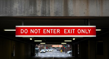 Obraz premium Red Warning Sign Indicating Do Not Enter, Exit Only For Vehicles in an Urban Tunnel
