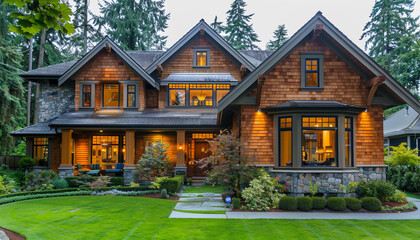 Elegant Traditional Home with Cedar Shingle Siding and Lush Landscaping