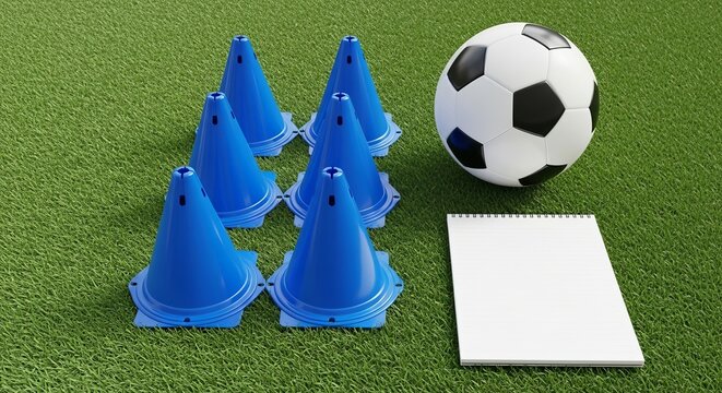 Planning soccer training drills with a ball and cones on the field for athletic practice and exercise