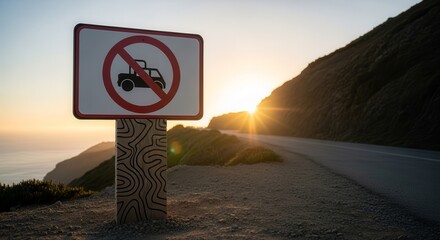 Prohibition Sign On Roadside With A Sunrise View Against Mountain, An Inspirational Scene