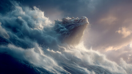 Sea monster emerging through stormy ocean waves