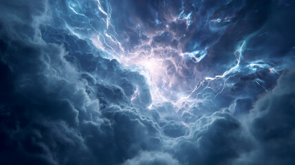 Lightning storm exploding in dark clouds