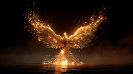 Fiery phoenix rising from dark water