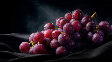 Fresh red grapes on black satin cloth