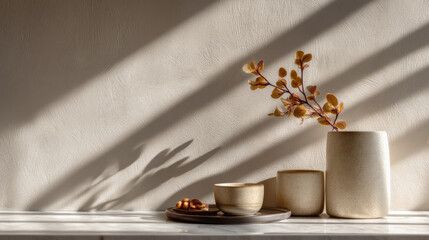 Minimal still life with pottery and branch