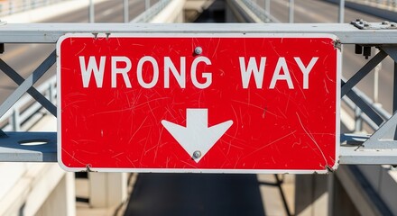 Red Wrong Way Sign Indicates An Incorrect Route Or Direction, Highway Warning