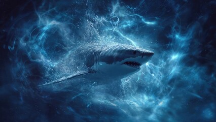 Fototapeta premium A great white shark swims through a vivid blue underwater scene, surrounded by swirling light and bubbles. Concept Great White Shark, Vivid Blue Ocean, Swirling Light & Bubbles, Ocean Predator