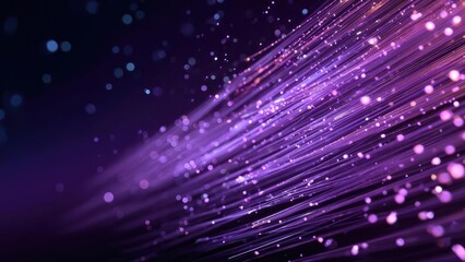Purple light trails with glowing dots on a dark background, resembling fiber-optic strands in motion. Concept Purple light trails with glowing dots, Fiber-optic strand-inspired motion
