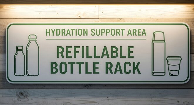 Refillable Bottle Rack Signage Emphasizing Hydration Support Area And Reusables