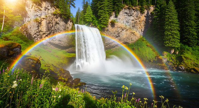 Majestic waterfall cascades into a misty pool, adorned by a vibrant double rainbow in a lush green forest. - Powered by Adobe