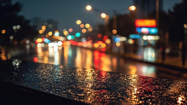 Night city street with colorful bokeh lights and reflections on a wet, rain-slick surface. Concept Night city street lighting, Colorful bokeh lights, Reflections on wet pavement - Powered by Adobe
