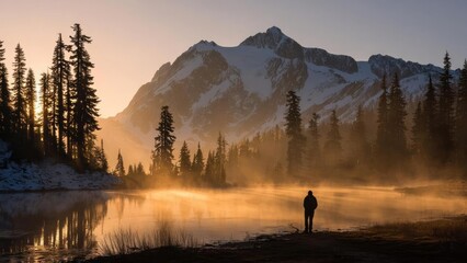 A lone figure stands by a misty alpine lake at sunrise, with snow-capped mountains and tall pine trees. Concept Lone figure by misty alpine lake, Sunrise over snow-capped peaks