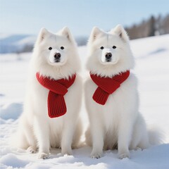 Two white Samoyed dogs wearing red Christmas scarves in snowy winter landscape. Adorable fluffy pets in festive holiday scene.