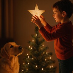 Woman holding glowing candle with warm Christmas lights. Magical holiday celebration and festive winter atmosphere.