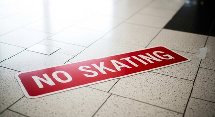 Red Sign With No Skating on Tiled Floor, Warning About Recreational Activities