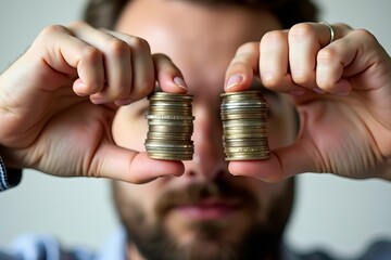 Man Holding Coin Stacks Like Binoculars to Compare Size and Value