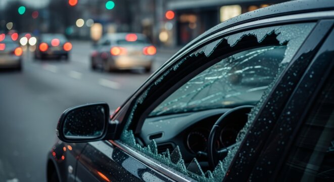 Shattered car window after theft shows vulnerability and damage on a busy city street scene