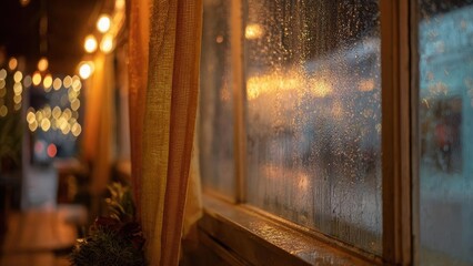 Rainy window at night in a cozy cafe, warm amber lights outside and soft bokeh from string lights. Concept Rainy night window in a cozy cafe, Warm amber lights outside, Soft bokeh from string lights