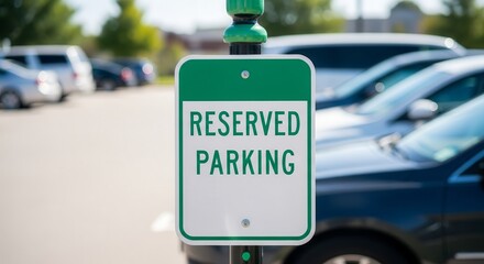 Reserved Parking Sign, Street View, with Cars, Transportation, and Green Elements
