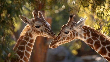 Obraz premium Two giraffes touch noses in a sunlit scene, their brown patches and long necks framed by a leafy background. Concept Giraffes touch noses, Sunlit savanna scene, Brown patch patterns, Long necks
