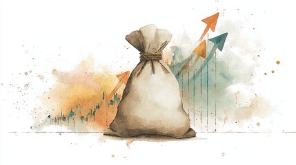 A watercolor illustration of a money bag with rising arrows in the background, symbolizing financial growth and prosperity.