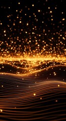 Futuristic dark background with flowing digital waves and falling golden particles. A stunning abstract texture representing big data, technology, sound waves, or luxury energy.
