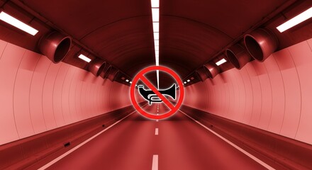 Red Tunnel With Sign Prohibiting Honking Signals, Traffic And Sound Restrictions Illustrated