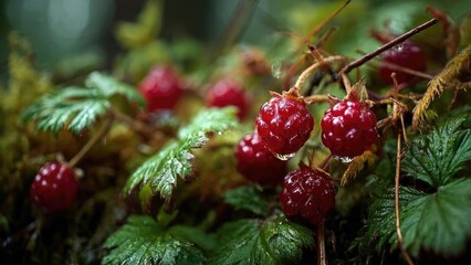 Ripe red raspberries hang from a branch, dew beads on the fruit, surrounded by green leaves and moss. Concept Ripe raspberries close-up, Dew on berries, Green leaves and moss