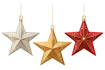 Obraz premium A festive set of 3D Christmas stars in metallic and glossy finishes. Perfect for holiday decorations, winter cards, banners, packaging, branding, and magical festive compositions. Each star is isolate