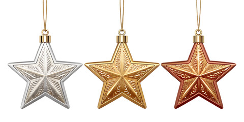 Obraz premium A festive set of 3D Christmas stars in metallic and glossy finishes. Perfect for holiday decorations, winter cards, banners, packaging, branding, and magical festive compositions. Each star is isolate